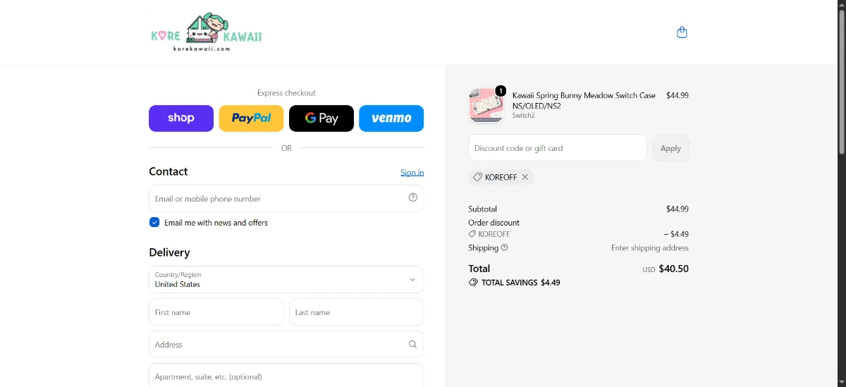 The Kore Kawaii checkout, with the discount code box