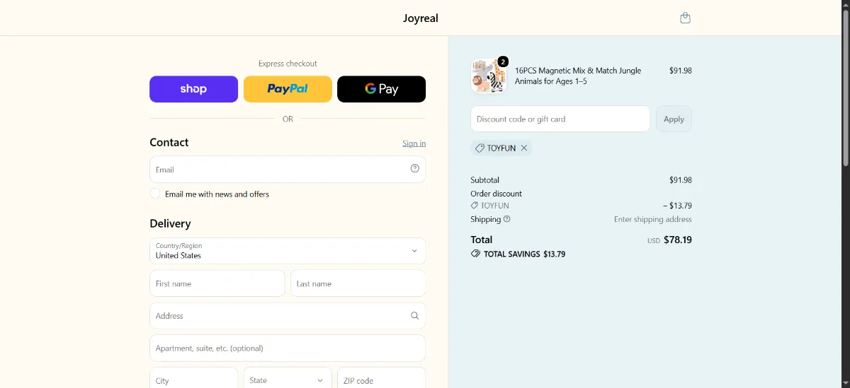 The Joyreal Toys checkout, with the discount code box