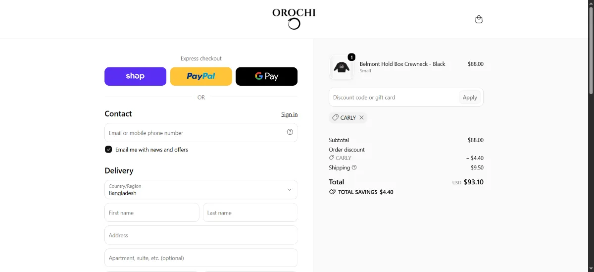 The Project Orochi checkout, with the discount code box
