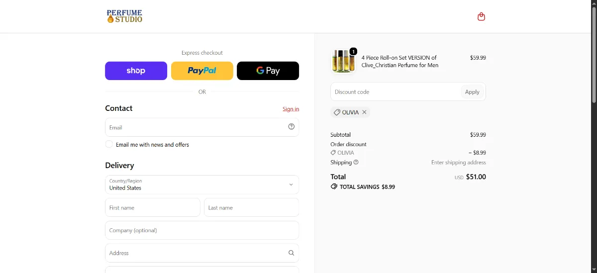 The The Perfume Studio checkout, with the discount code box