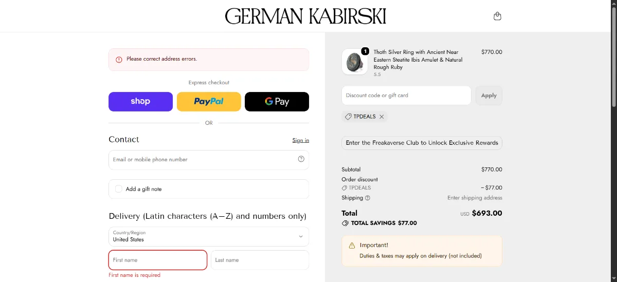 The GERMAN KABIRSKI checkout, with the discount code box