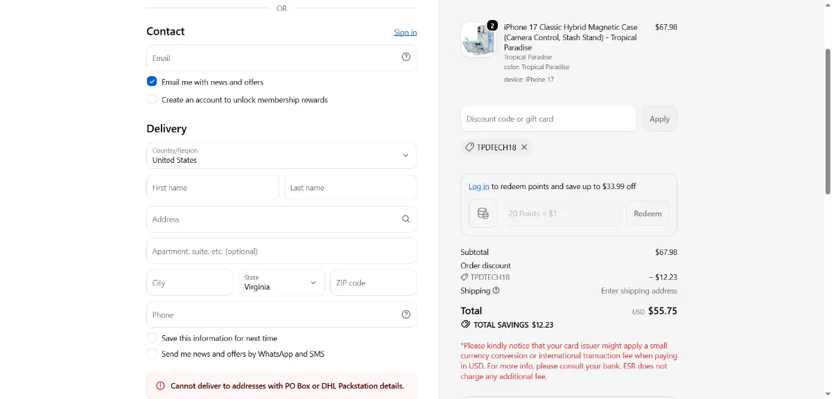 The ESR Tech US checkout, with the discount code box