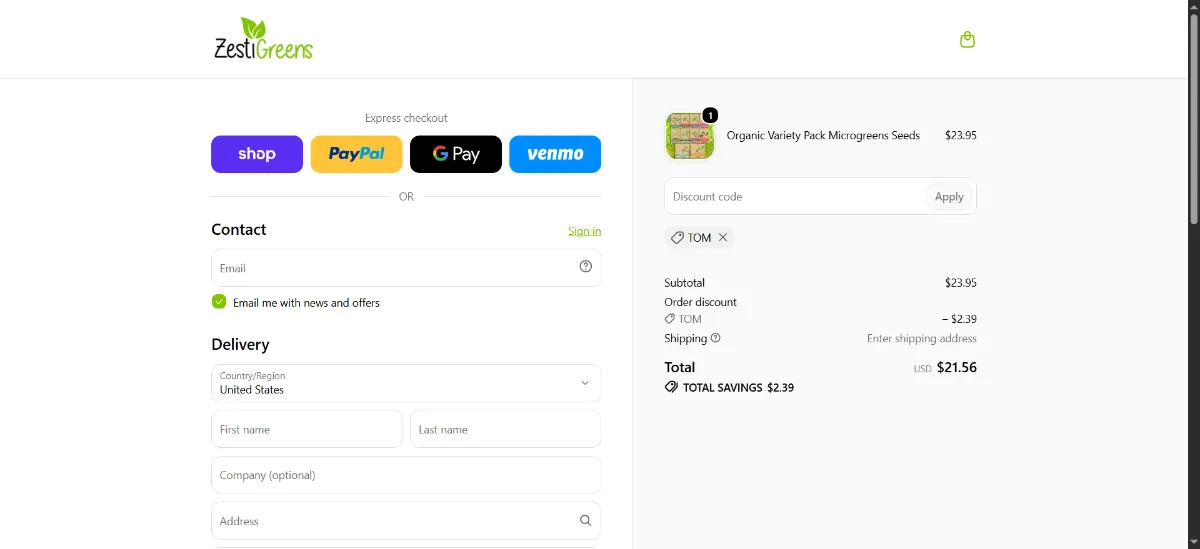 The ZestiGreens checkout, with the discount code box