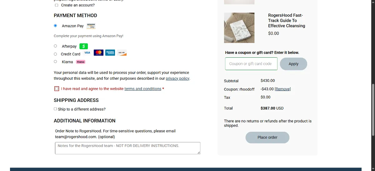 The RogersHood checkout, with the coupon code box