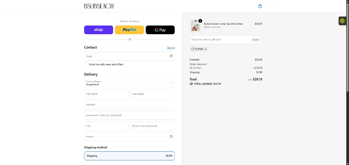 The Bsubseach checkout, with the discount code box