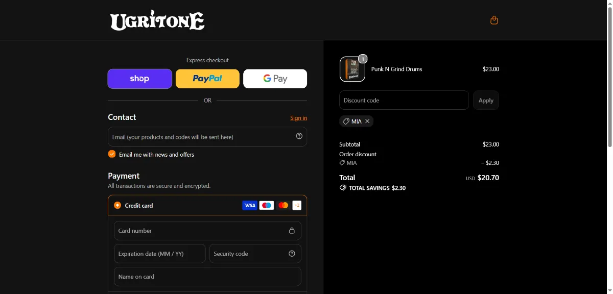 The Ugritone checkout, with the discount code box