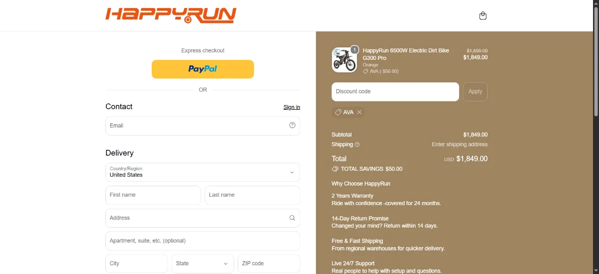The HappyRunSports checkout, with the discount code box
