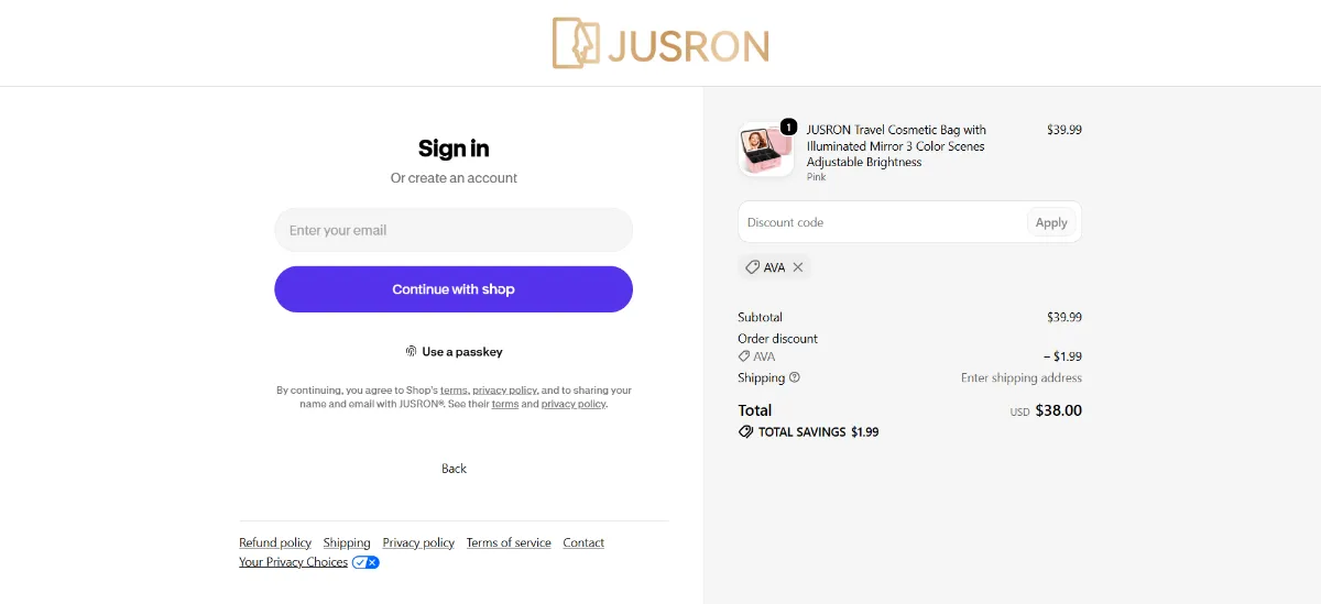 The JUSRON checkout, with the discount code box