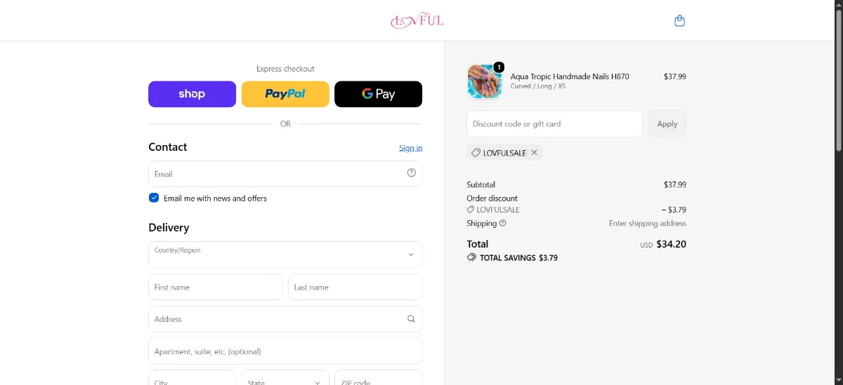The Lovful checkout, with the discount code box