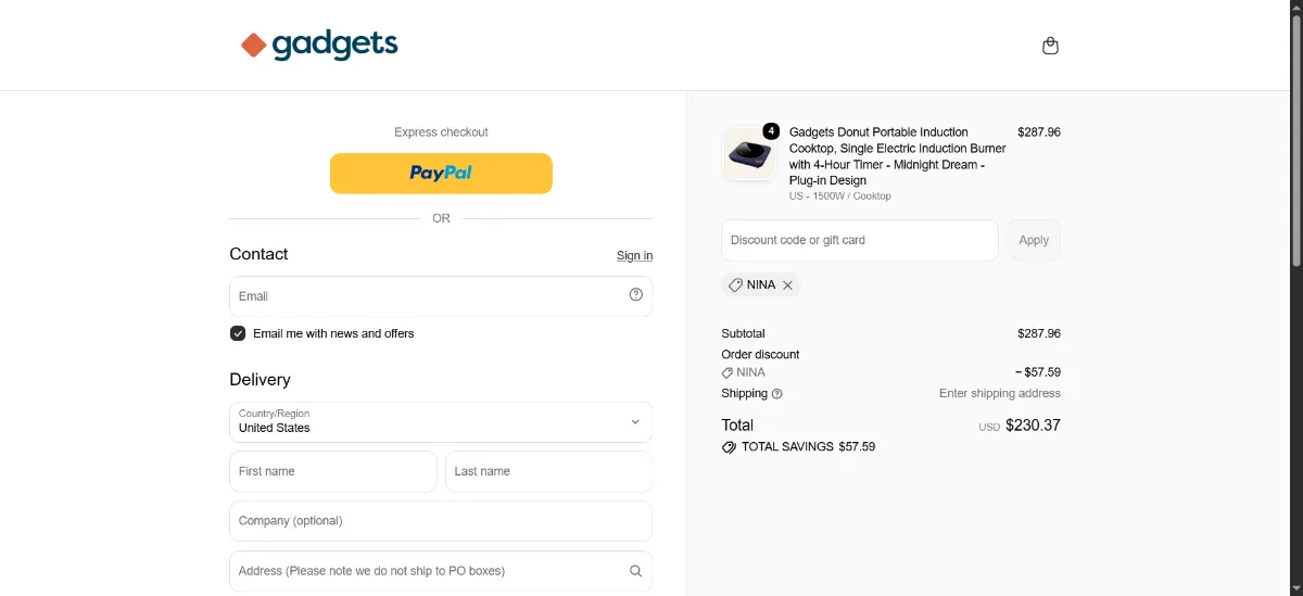 The Ciarra Gadgets checkout, with the discount code box