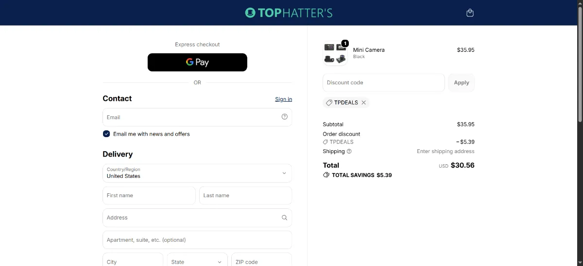 The Tophatters checkout, with the discount code box