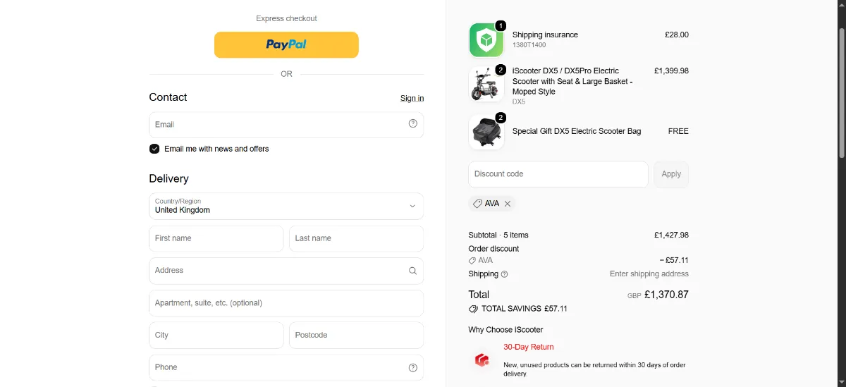 The iScooter checkout, with the discount code box