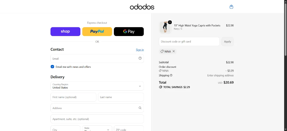 The ODODOS checkout, with the discount code box