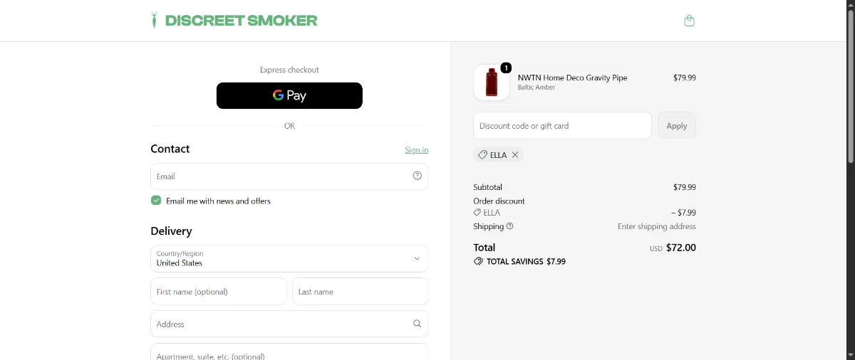 The Discreet Smoker checkout, with the discount code box