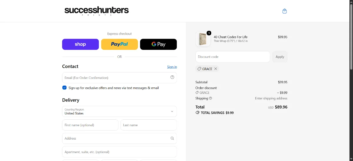 The Success Hunters Prints checkout, with the discount code box