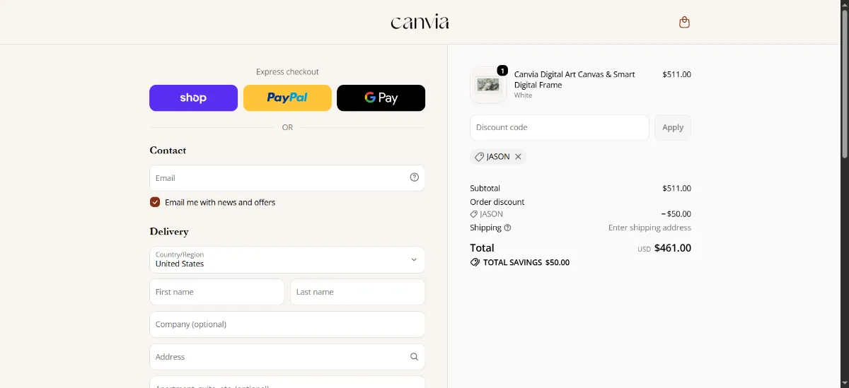 The Canvia Art checkout, with the discount code box