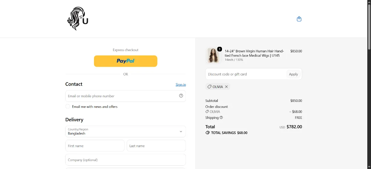 The Ulofey checkout, with the discount code box