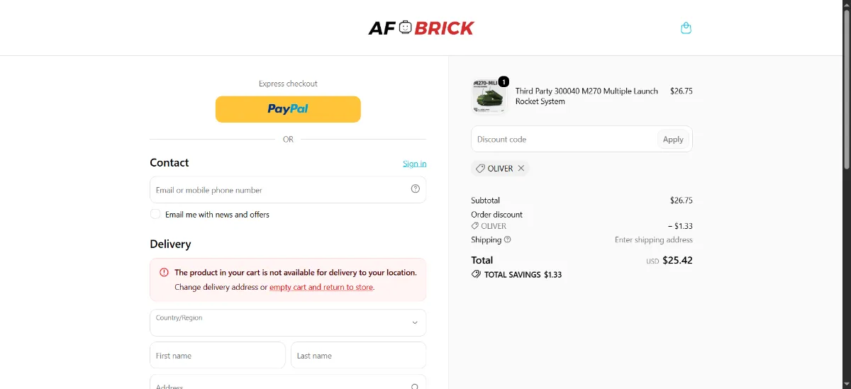 The Afobrick checkout, with the discount code box