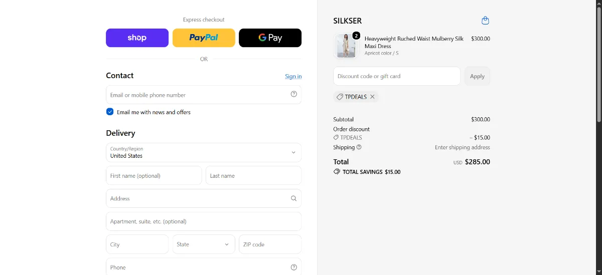 The SILKSER checkout, with the discount code box
