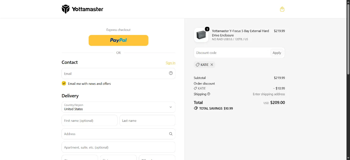 The Yottamaster checkout, with the discount code box