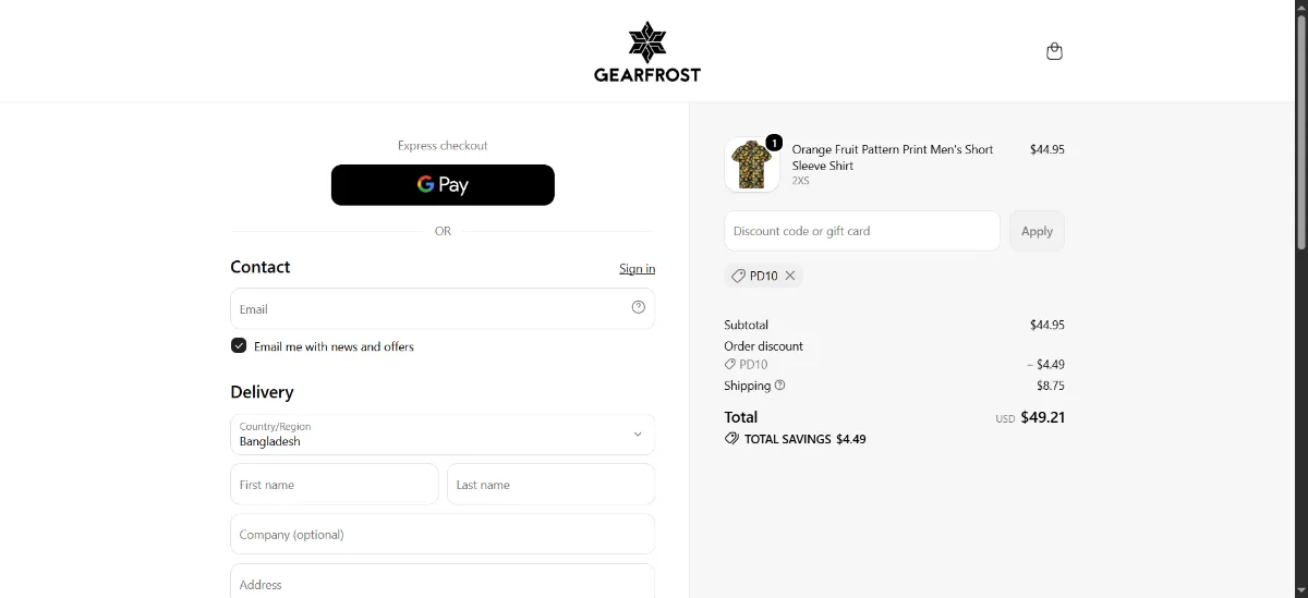 The GearFrost checkout, with the discount code box