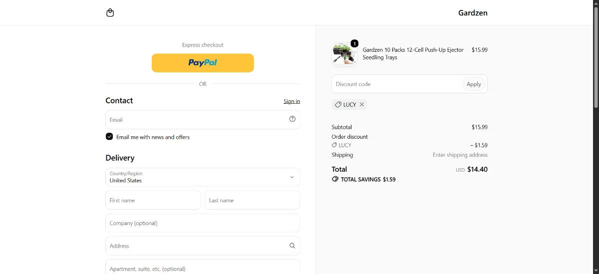 The Gardzen checkout, with the discount code box