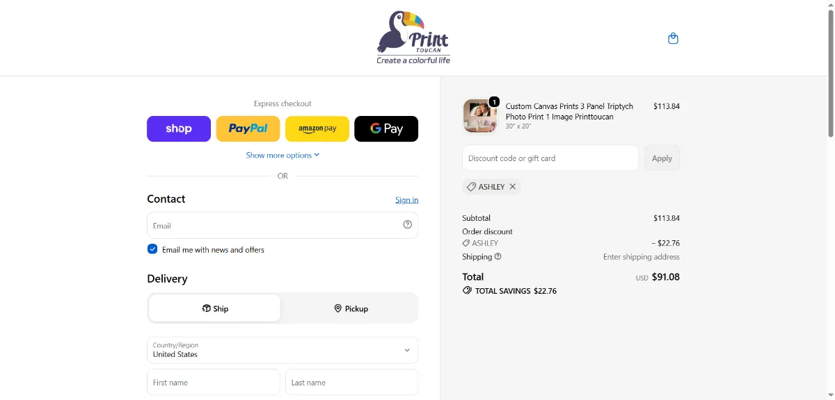 The PrintToucan checkout, with the discount code box