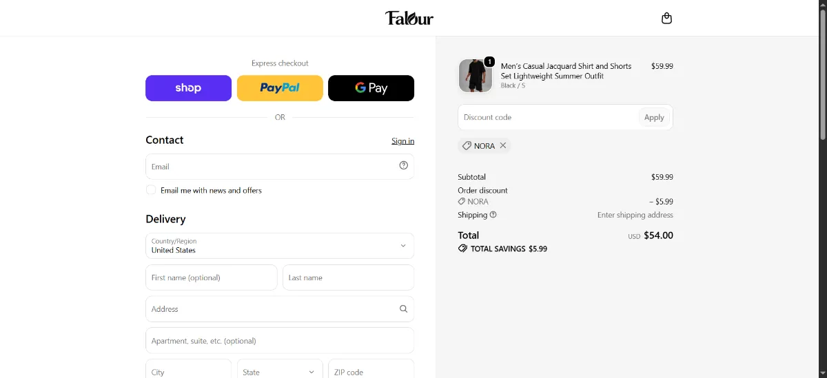 The Falour checkout, with the discount code box