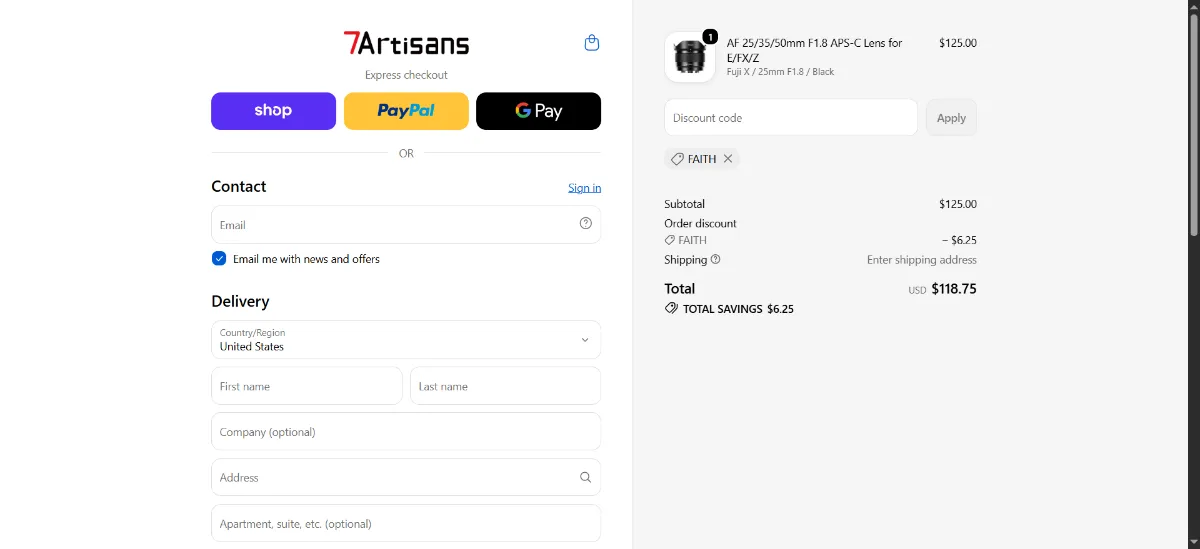 The 7Artisans checkout, with the discount code box