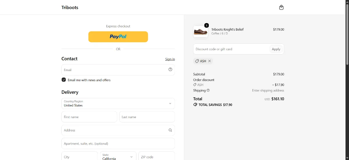 The Triboots checkout, with the discount code box