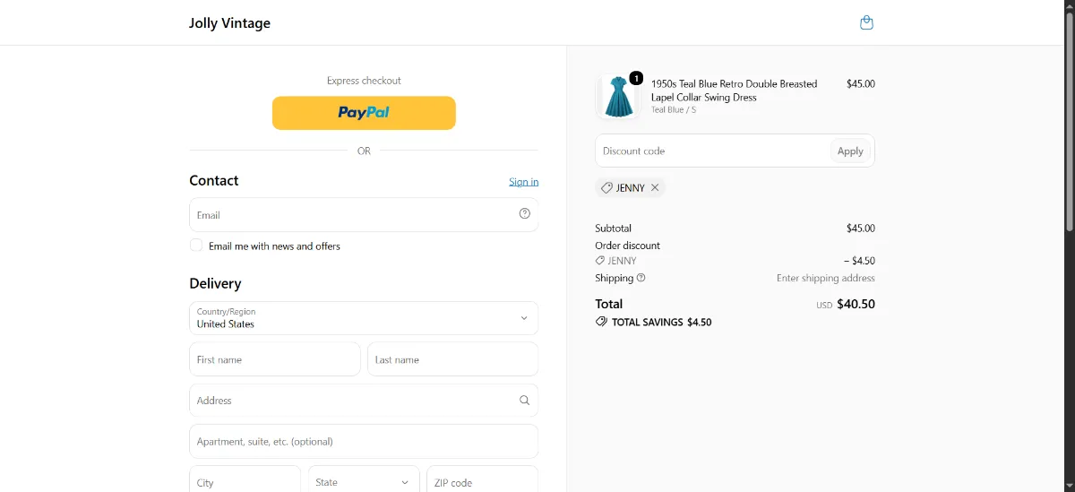 The Jolly Vintage checkout, with the discount code box
