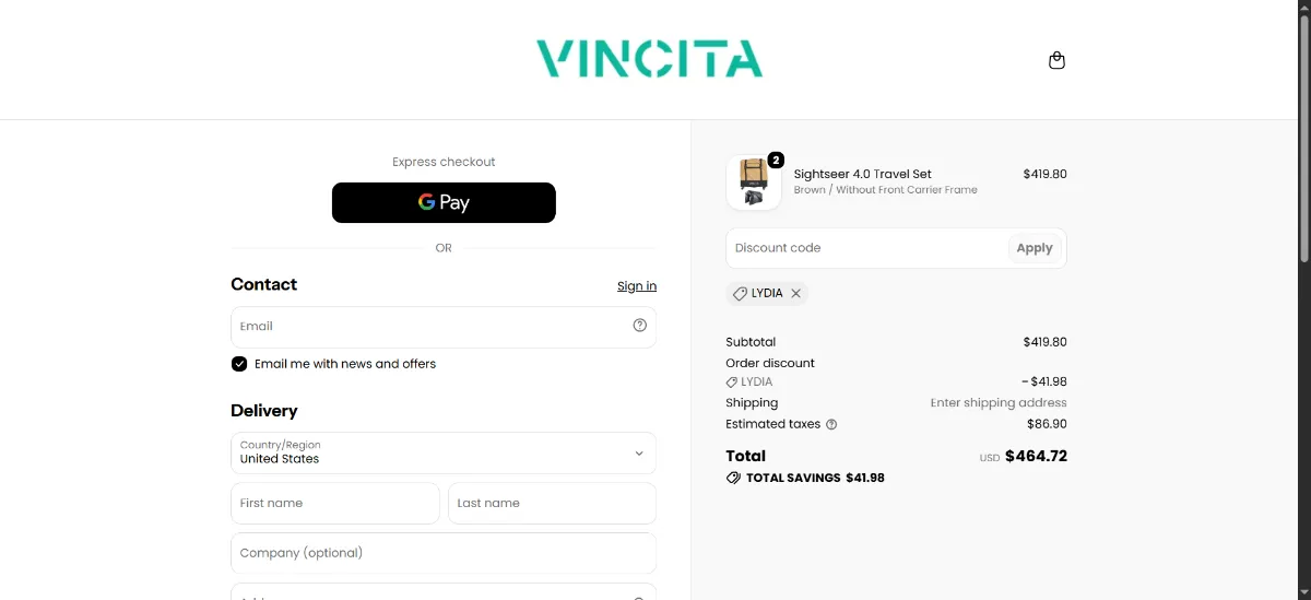 The Vincita checkout, with the discount code box