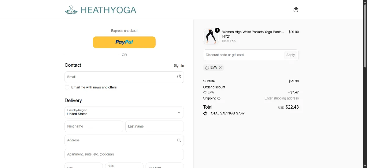 The Heathyoga checkout, with the discount code box