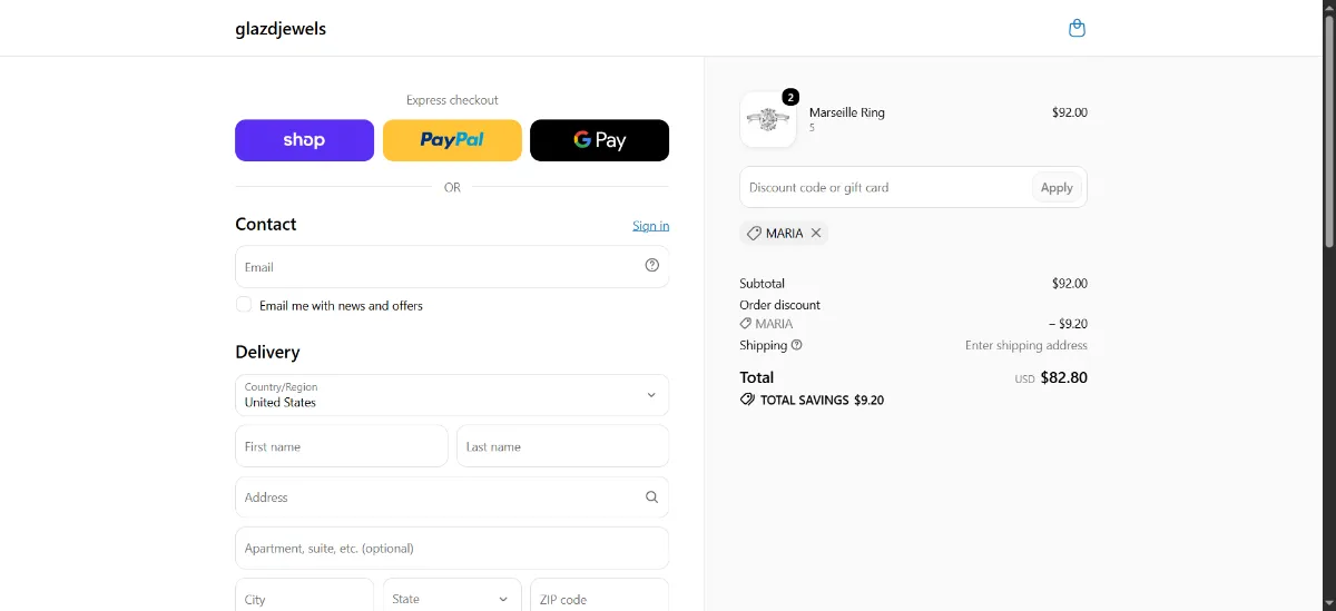 The Glazdjewels checkout, with the discount code box