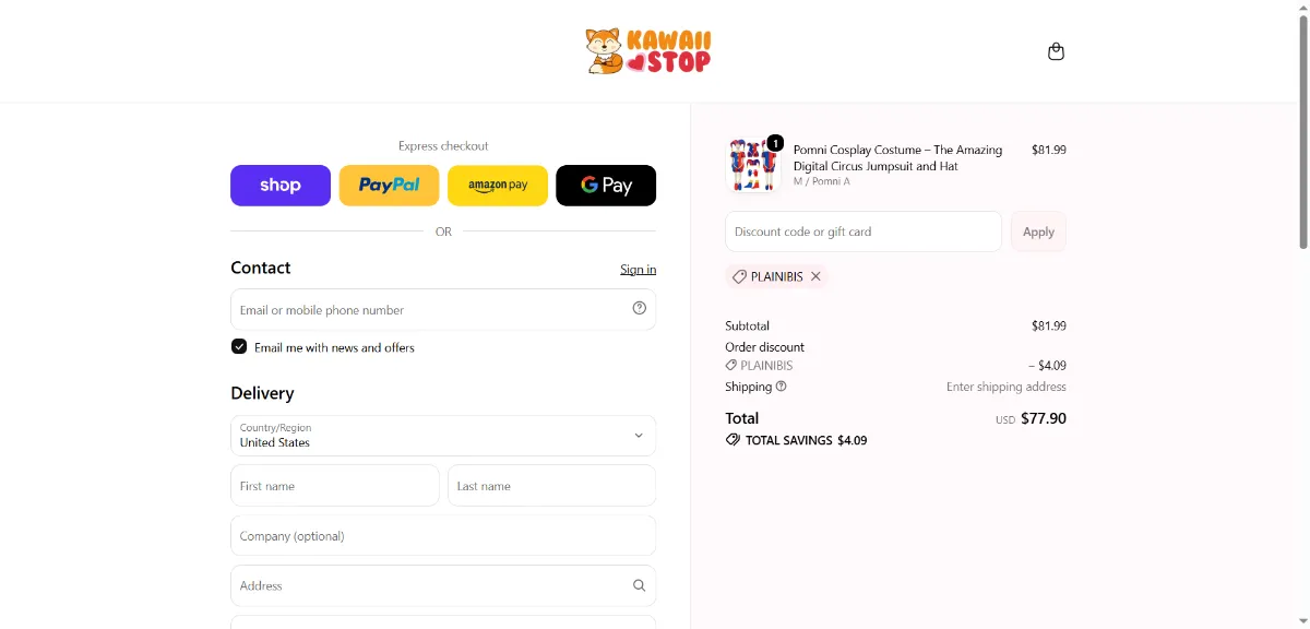 The Kawaii Stop checkout, with the discount code box