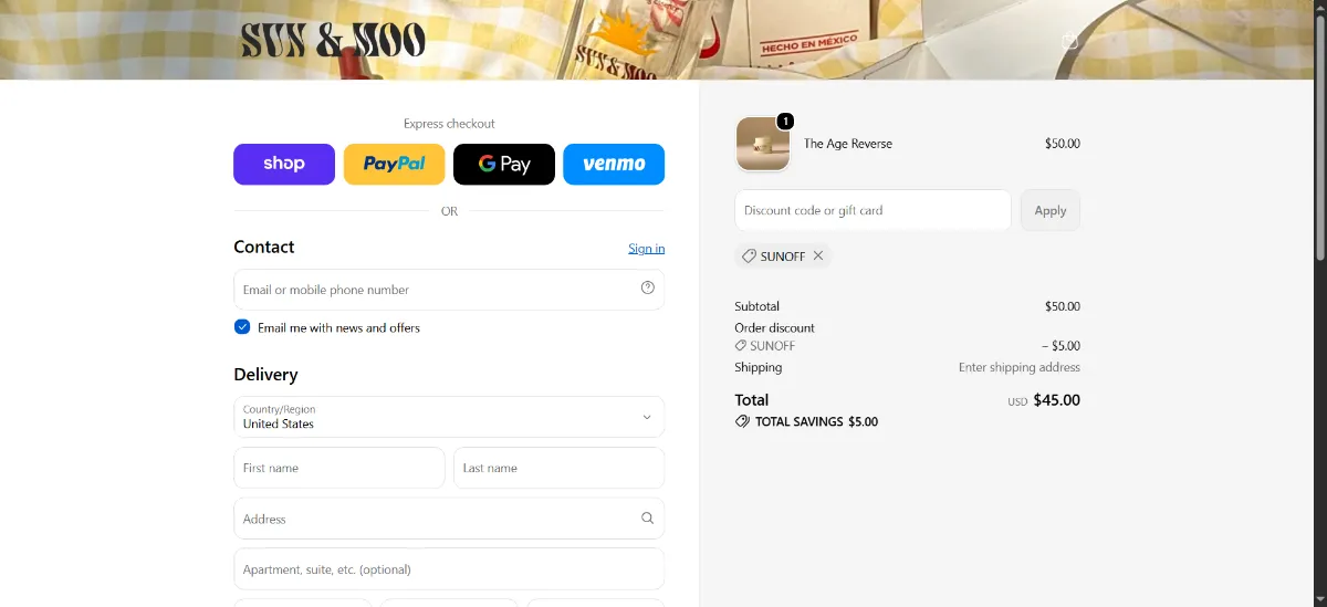 The Sun & Moo checkout, with the discount code box
