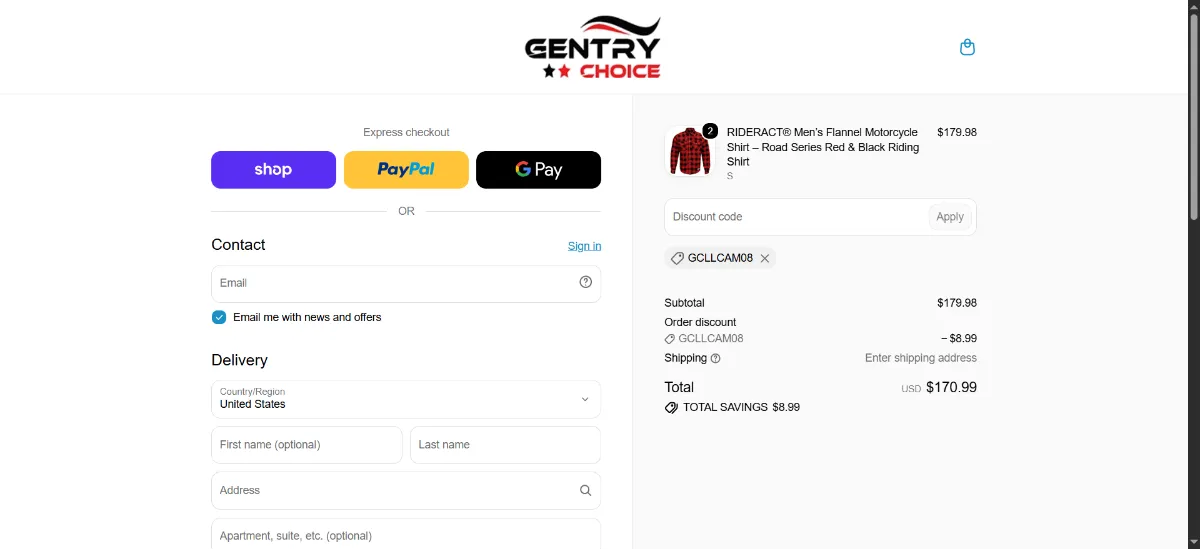The Gentry Choice USA checkout, with the discount code box