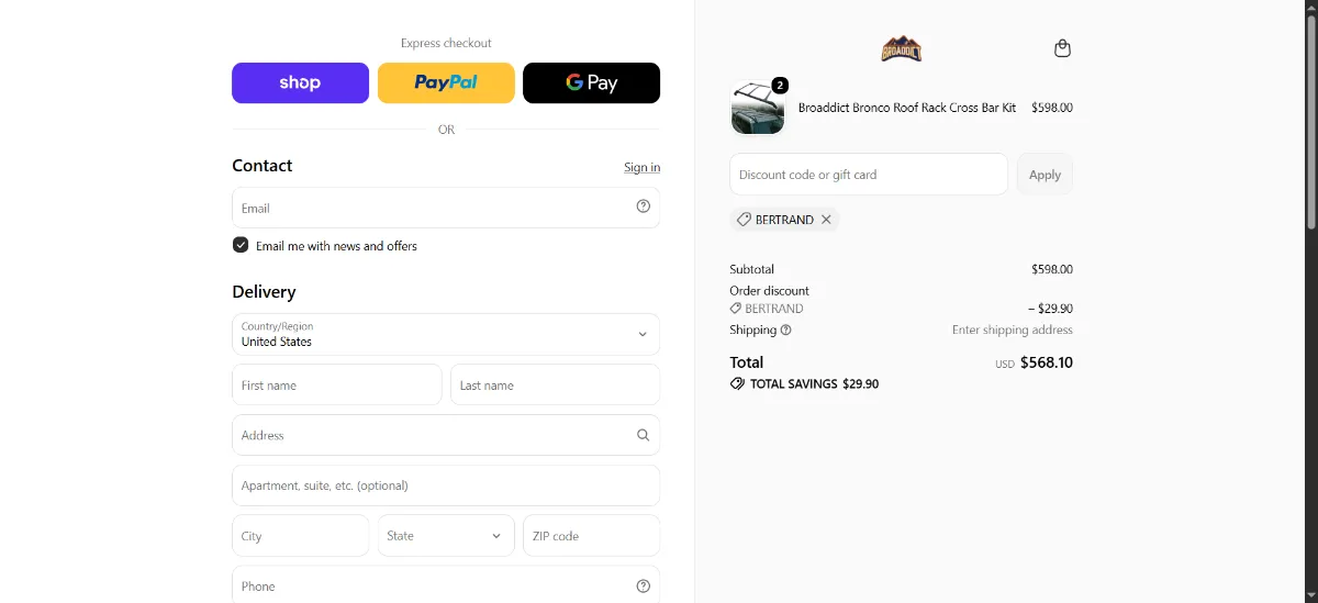The BROADDICT checkout, with the discount code box