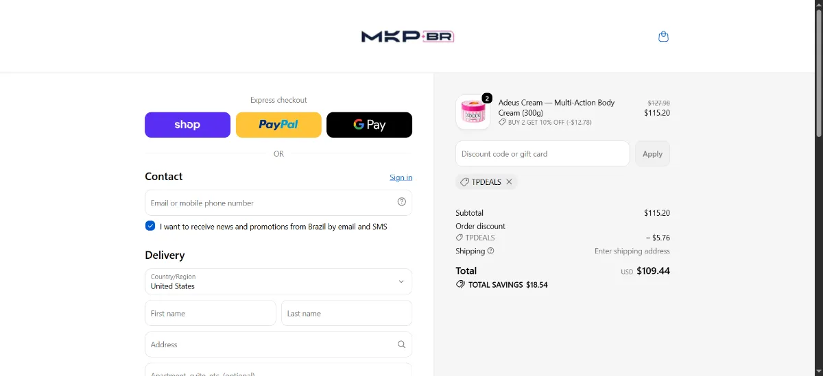 The MKPBR checkout, with the discount code box