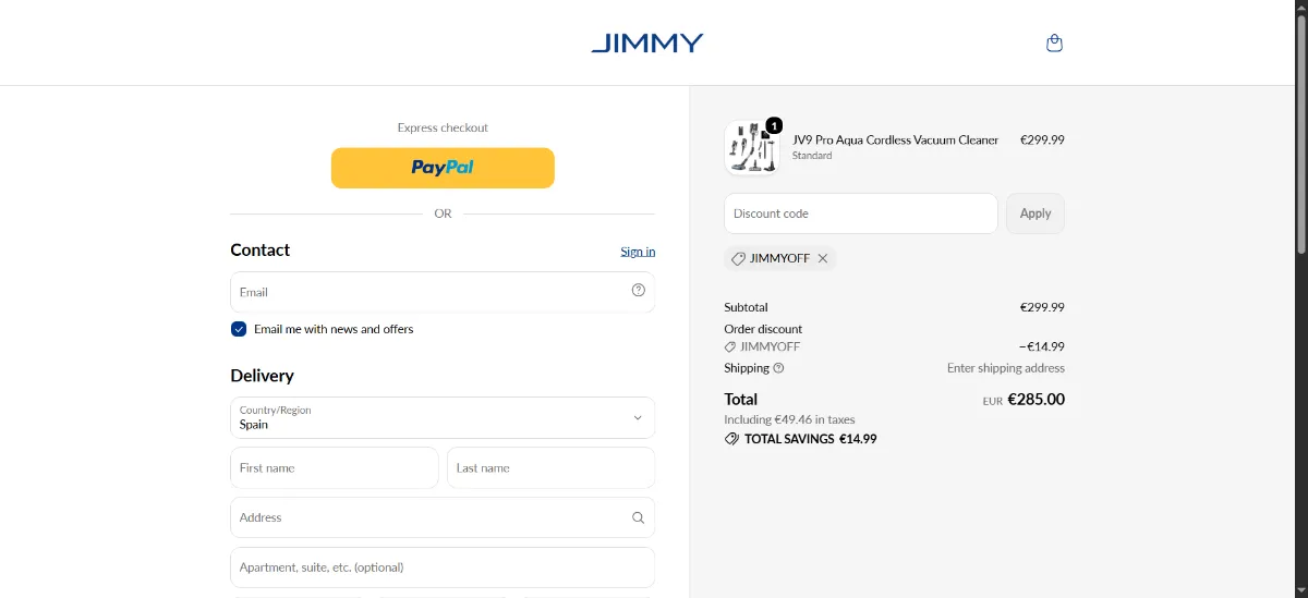 The Jimmy checkout, with the promo code box