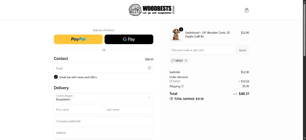 The Woodbests checkout, with the discount code box
