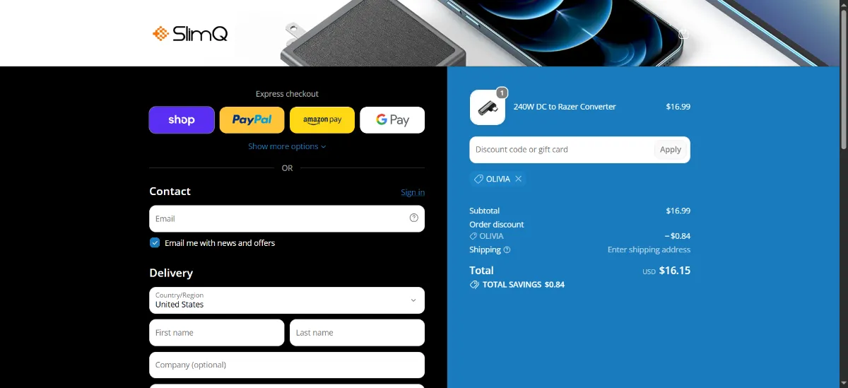 The SlimQ checkout, with the discount code box