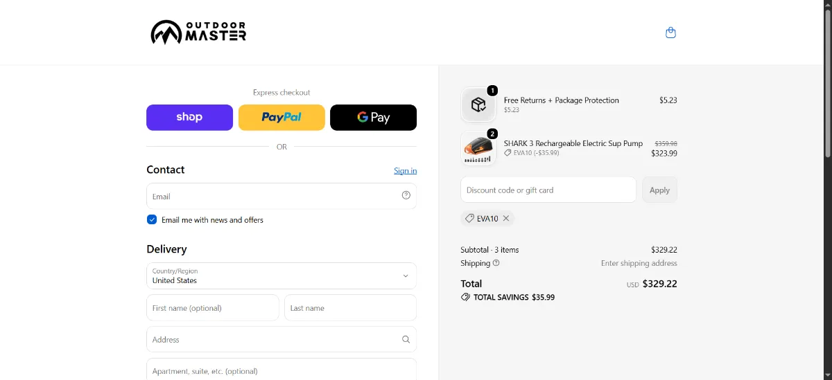 The Outdoor Master checkout, with the discount code box