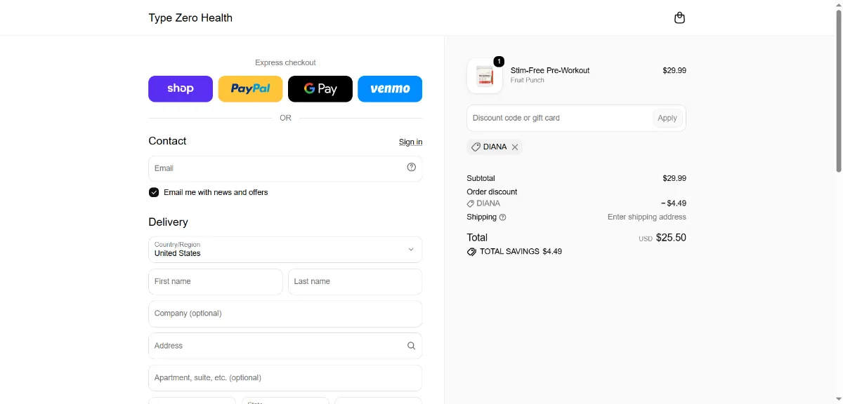 The Type Zero Health checkout, with the discount code box