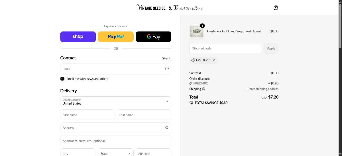 The Vintage Seed Co checkout, with the discount code box