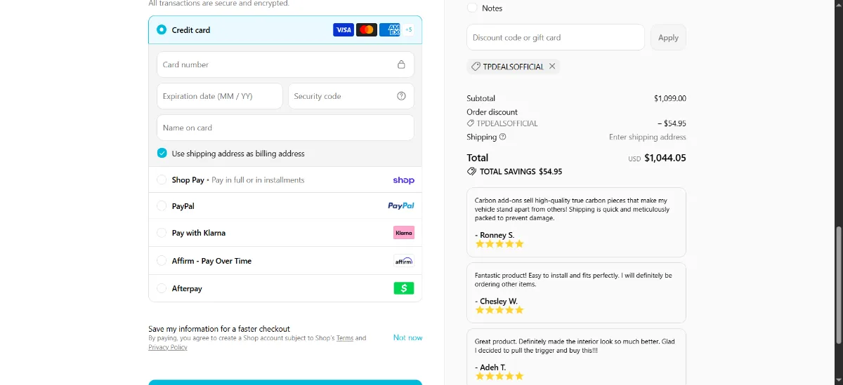 The Carbonaddons checkout, with the discount code box