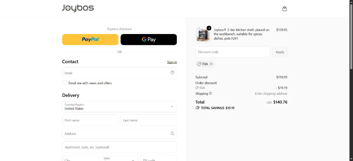 The Joybos checkout, with the discount code box