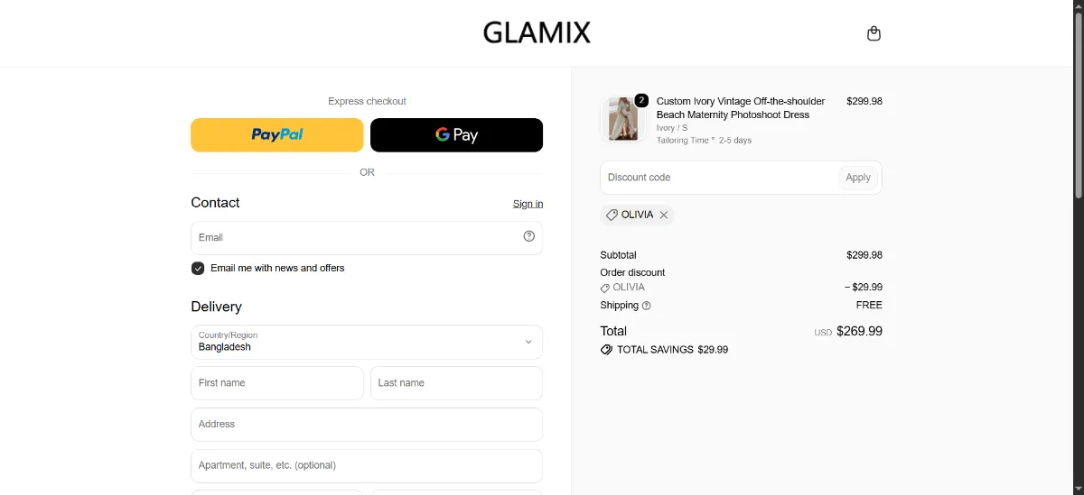 The Glamix Maternity checkout, with the discount code box