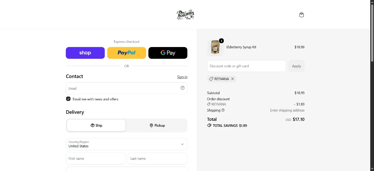The Rosebud's Real Food checkout, with the discount code box