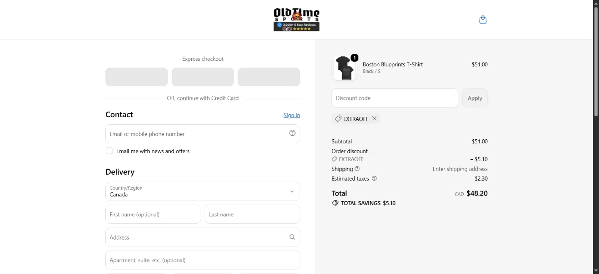 The Old Time Sports checkout, with the discount code box
